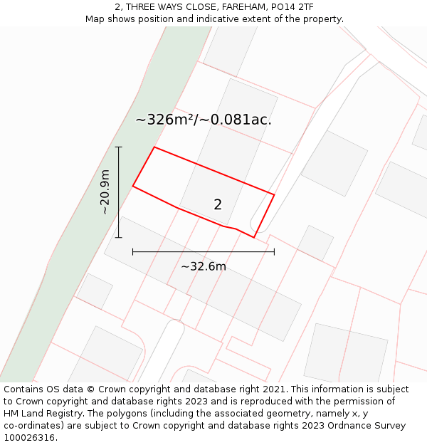 2, THREE WAYS CLOSE, FAREHAM, PO14 2TF: Plot and title map