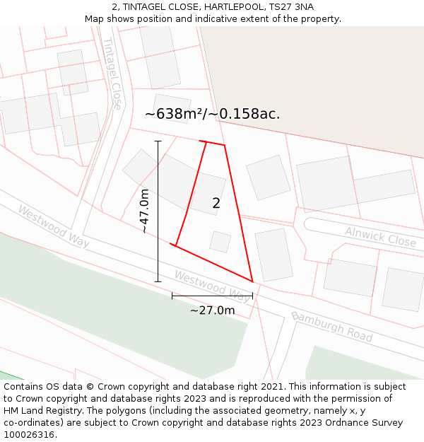 2, TINTAGEL CLOSE, HARTLEPOOL, TS27 3NA: Plot and title map