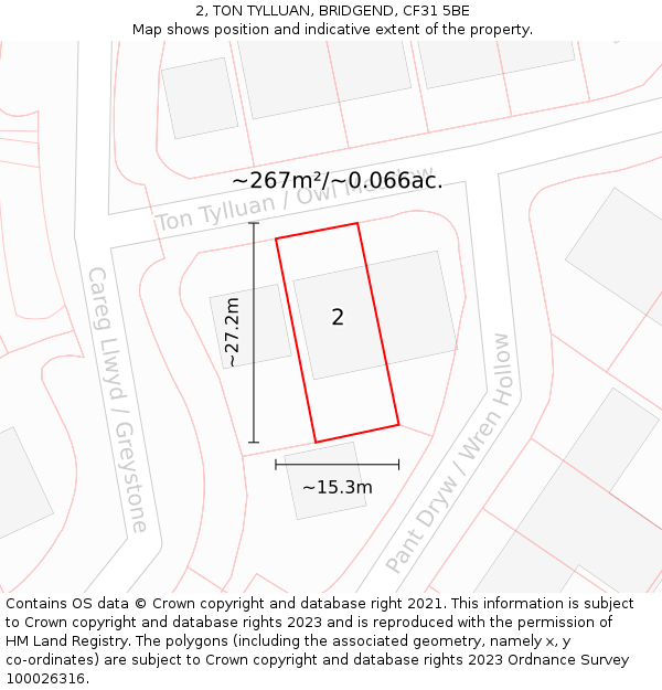 2, TON TYLLUAN, BRIDGEND, CF31 5BE: Plot and title map