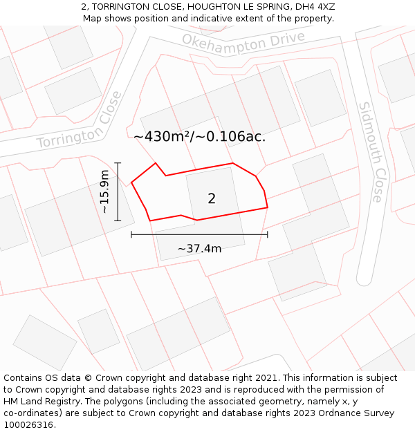 2, TORRINGTON CLOSE, HOUGHTON LE SPRING, DH4 4XZ: Plot and title map