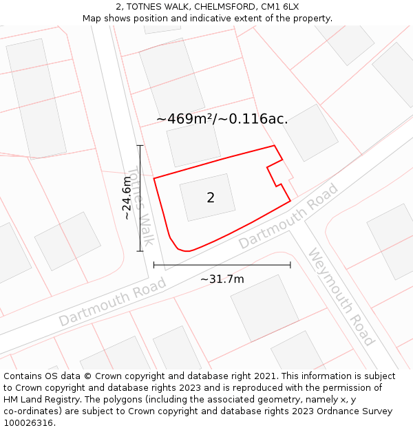 2, TOTNES WALK, CHELMSFORD, CM1 6LX: Plot and title map