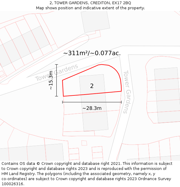 2, TOWER GARDENS, CREDITON, EX17 2BQ: Plot and title map