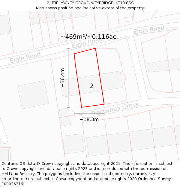 2, TRELAWNEY GROVE, WEYBRIDGE, KT13 8SS: Plot and title map