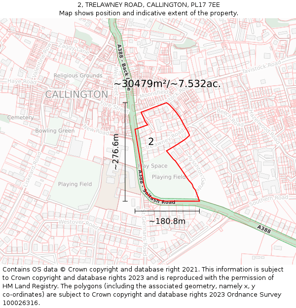 2, TRELAWNEY ROAD, CALLINGTON, PL17 7EE: Plot and title map