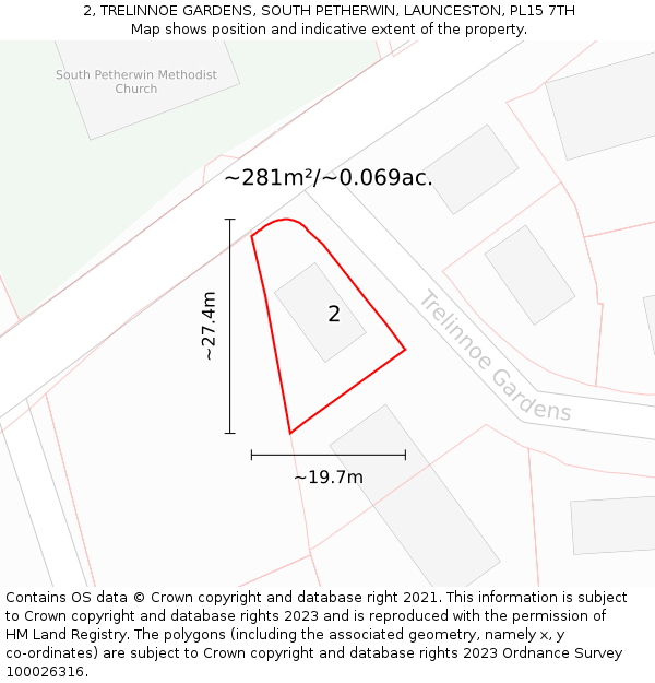 2, TRELINNOE GARDENS, SOUTH PETHERWIN, LAUNCESTON, PL15 7TH: Plot and title map