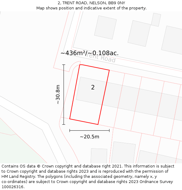 2, TRENT ROAD, NELSON, BB9 0NY: Plot and title map