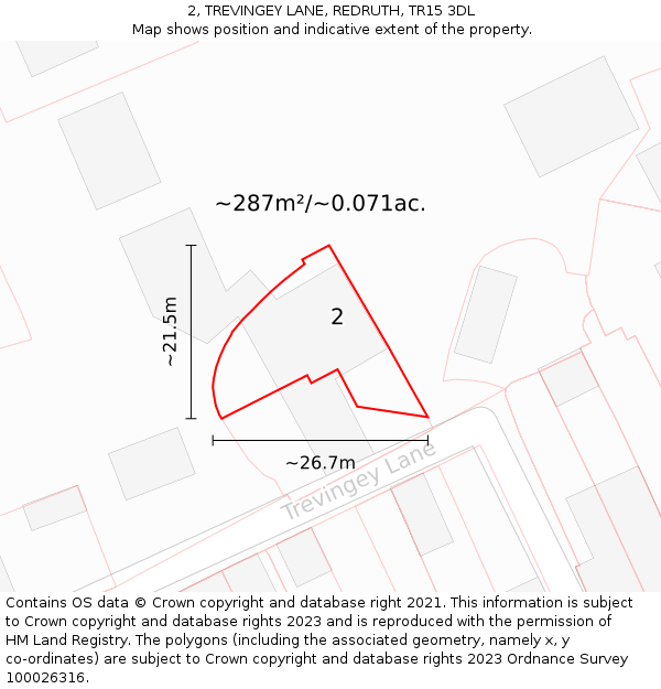 2, TREVINGEY LANE, REDRUTH, TR15 3DL: Plot and title map