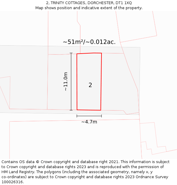 2, TRINITY COTTAGES, DORCHESTER, DT1 1XQ: Plot and title map