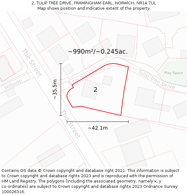 2, TULIP TREE DRIVE, FRAMINGHAM EARL, NORWICH, NR14 7UL: Plot and title map