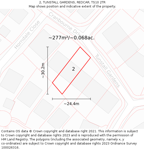 2, TUNSTALL GARDENS, REDCAR, TS10 2TR: Plot and title map