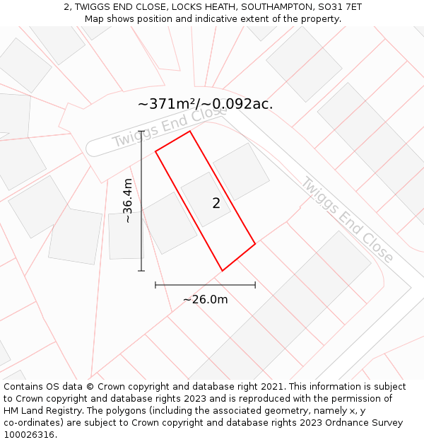 2, TWIGGS END CLOSE, LOCKS HEATH, SOUTHAMPTON, SO31 7ET: Plot and title map