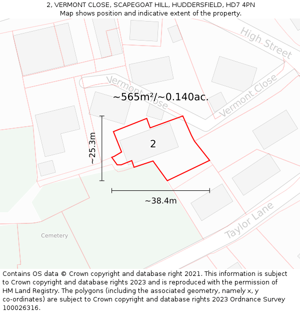 2, VERMONT CLOSE, SCAPEGOAT HILL, HUDDERSFIELD, HD7 4PN: Plot and title map