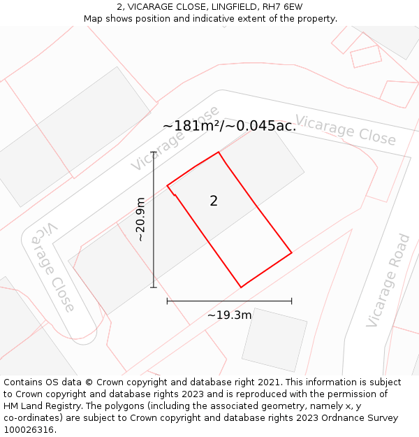 2, VICARAGE CLOSE, LINGFIELD, RH7 6EW: Plot and title map