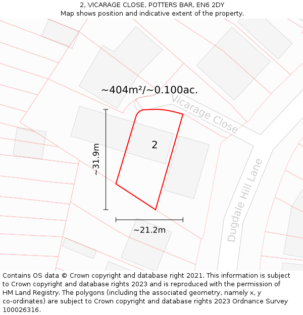 2, VICARAGE CLOSE, POTTERS BAR, EN6 2DY: Plot and title map