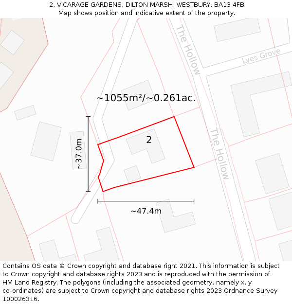 2, VICARAGE GARDENS, DILTON MARSH, WESTBURY, BA13 4FB: Plot and title map