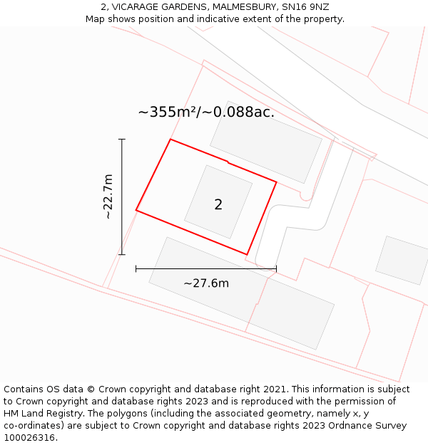 2, VICARAGE GARDENS, MALMESBURY, SN16 9NZ: Plot and title map