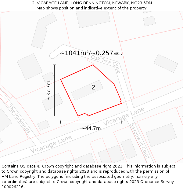 2, VICARAGE LANE, LONG BENNINGTON, NEWARK, NG23 5DN: Plot and title map