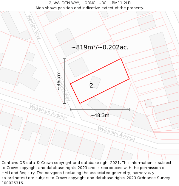 2, WALDEN WAY, HORNCHURCH, RM11 2LB: Plot and title map