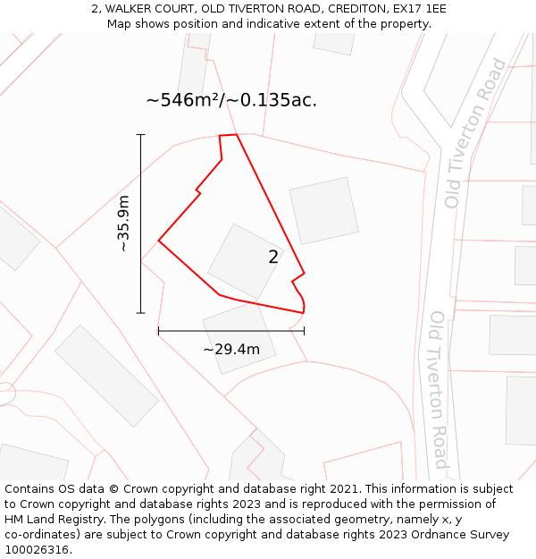 2, WALKER COURT, OLD TIVERTON ROAD, CREDITON, EX17 1EE: Plot and title map