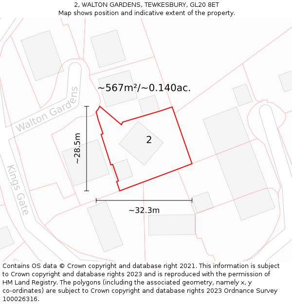 2, WALTON GARDENS, TEWKESBURY, GL20 8ET: Plot and title map