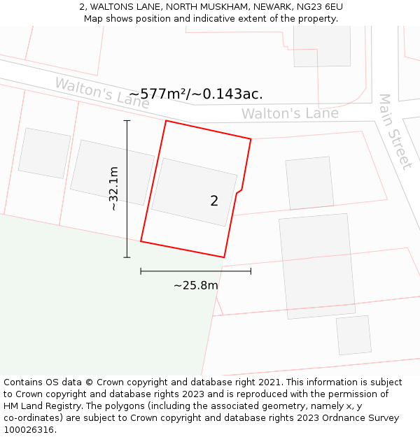 2, WALTONS LANE, NORTH MUSKHAM, NEWARK, NG23 6EU: Plot and title map