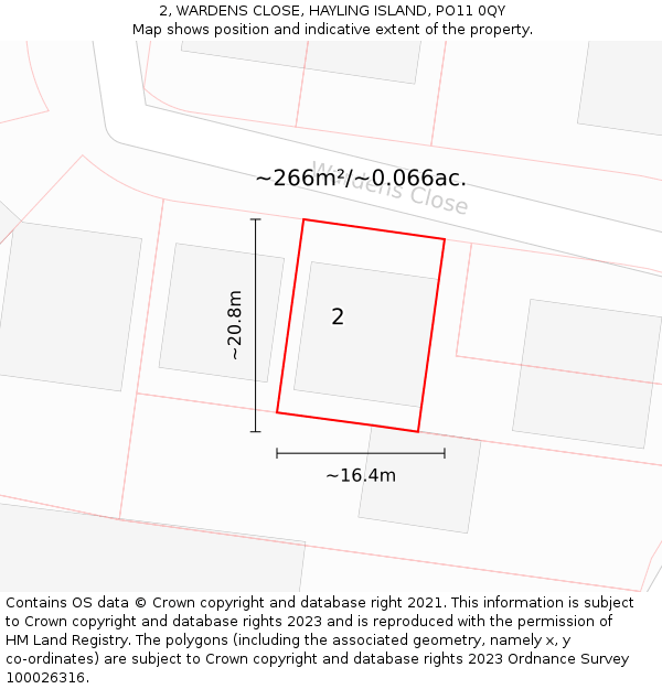 2, WARDENS CLOSE, HAYLING ISLAND, PO11 0QY: Plot and title map