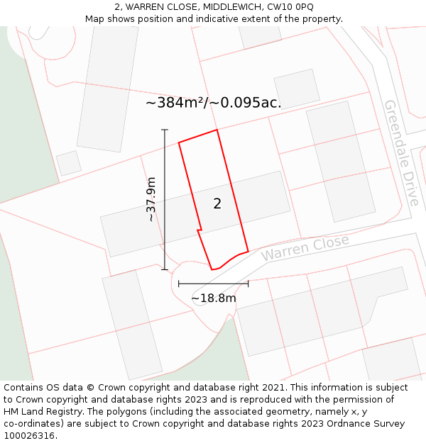 2, WARREN CLOSE, MIDDLEWICH, CW10 0PQ: Plot and title map