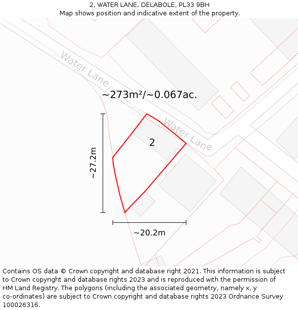 2, WATER LANE, DELABOLE, PL33 9BH: Plot and title map