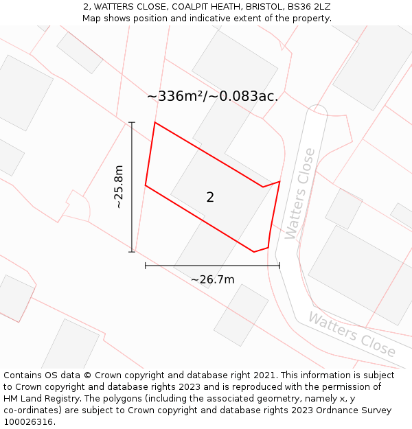 2, WATTERS CLOSE, COALPIT HEATH, BRISTOL, BS36 2LZ: Plot and title map