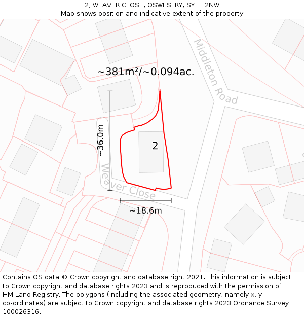 2, WEAVER CLOSE, OSWESTRY, SY11 2NW: Plot and title map