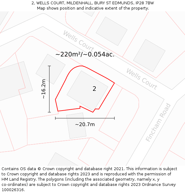 2, WELLS COURT, MILDENHALL, BURY ST EDMUNDS, IP28 7BW: Plot and title map