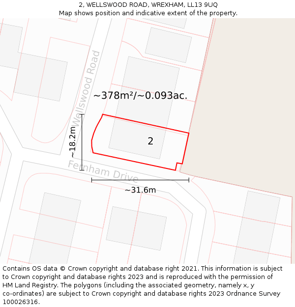 2, WELLSWOOD ROAD, WREXHAM, LL13 9UQ: Plot and title map