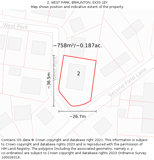 2, WEST PARK, BRAUNTON, EX33 1EY: Plot and title map