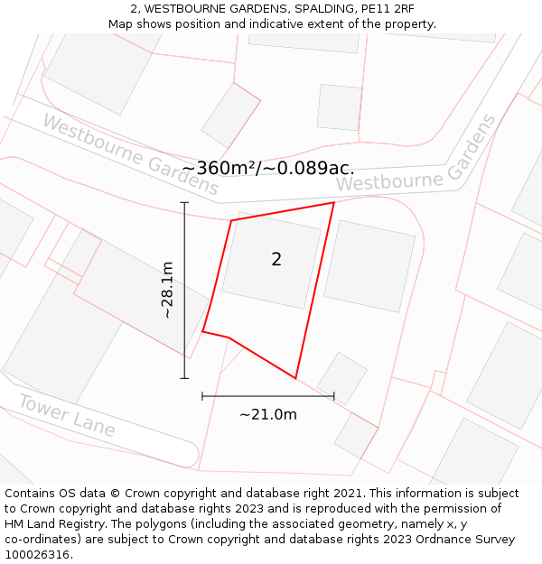 2, WESTBOURNE GARDENS, SPALDING, PE11 2RF: Plot and title map