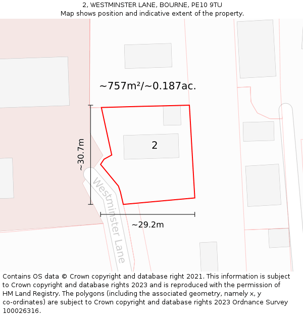 2, WESTMINSTER LANE, BOURNE, PE10 9TU: Plot and title map