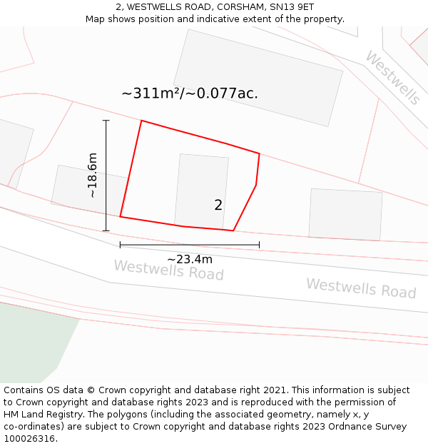 2, WESTWELLS ROAD, CORSHAM, SN13 9ET: Plot and title map