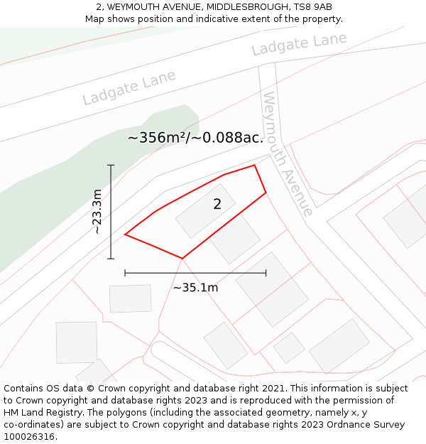 2, WEYMOUTH AVENUE, MIDDLESBROUGH, TS8 9AB: Plot and title map