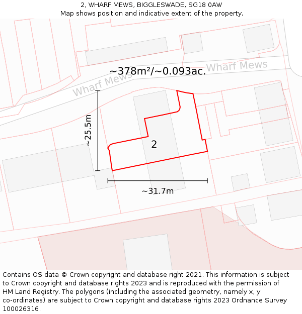 2, WHARF MEWS, BIGGLESWADE, SG18 0AW: Plot and title map