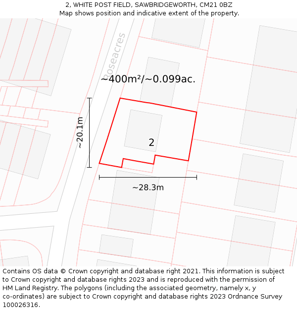 2, WHITE POST FIELD, SAWBRIDGEWORTH, CM21 0BZ: Plot and title map
