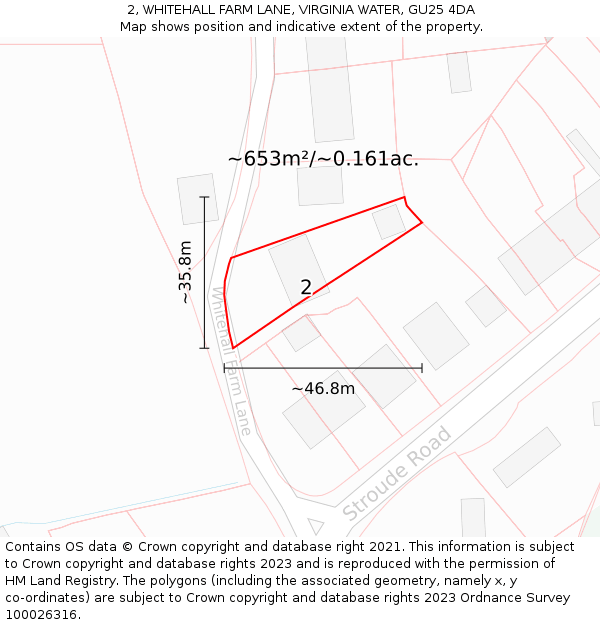 2, WHITEHALL FARM LANE, VIRGINIA WATER, GU25 4DA: Plot and title map