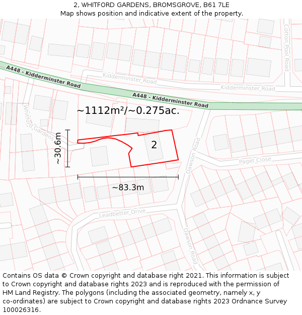 2, WHITFORD GARDENS, BROMSGROVE, B61 7LE: Plot and title map