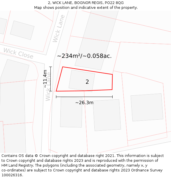 2, WICK LANE, BOGNOR REGIS, PO22 8QG: Plot and title map