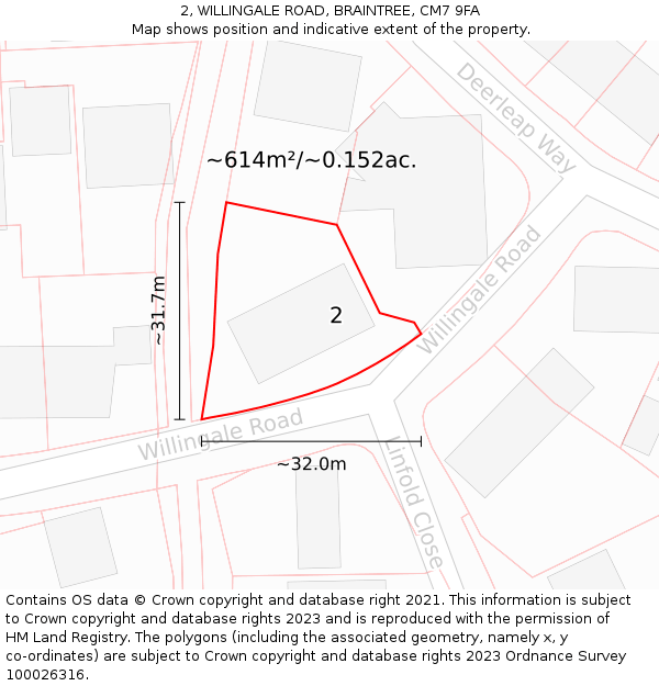 2, WILLINGALE ROAD, BRAINTREE, CM7 9FA: Plot and title map