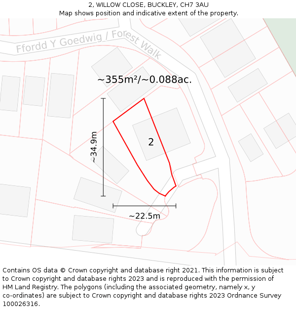 2, WILLOW CLOSE, BUCKLEY, CH7 3AU: Plot and title map
