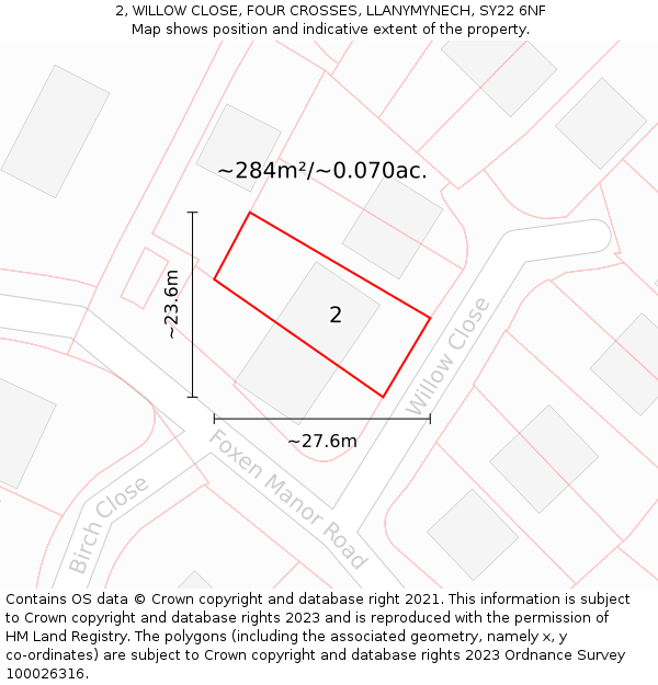 2, WILLOW CLOSE, FOUR CROSSES, LLANYMYNECH, SY22 6NF: Plot and title map