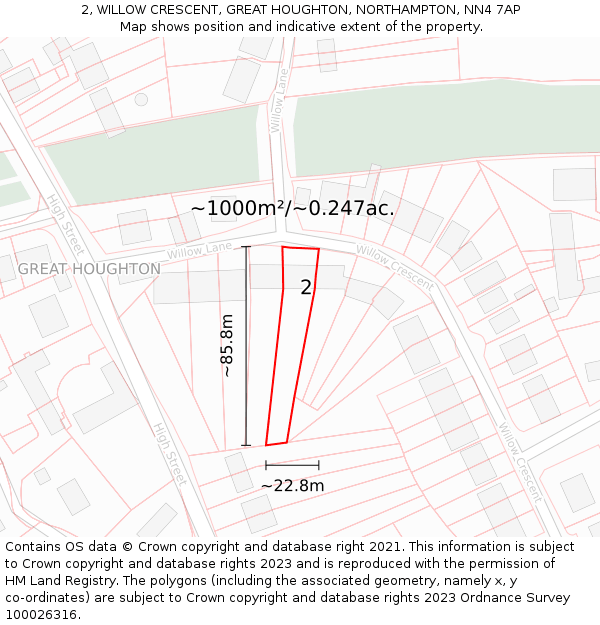 2, WILLOW CRESCENT, GREAT HOUGHTON, NORTHAMPTON, NN4 7AP: Plot and title map