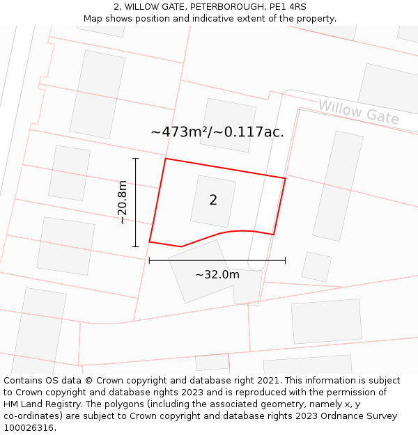 2, WILLOW GATE, PETERBOROUGH, PE1 4RS: Plot and title map
