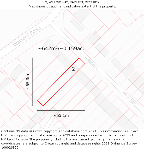 2, WILLOW WAY, RADLETT, WD7 8DX: Plot and title map