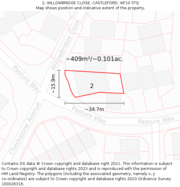 2, WILLOWBRIDGE CLOSE, CASTLEFORD, WF10 5TQ: Plot and title map