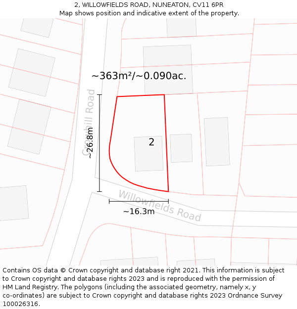 2, WILLOWFIELDS ROAD, NUNEATON, CV11 6PR: Plot and title map